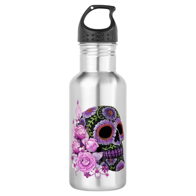 Pink Floral Black Sugar Skull Day Of The Dead Stainless Steel Water Bottle (Front)