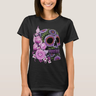 Pink Floral Black Sugar Skull Day Of The Dead T-Shirt