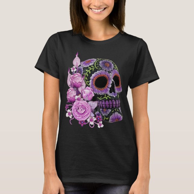 Pink Floral Black Sugar Skull Day Of The Dead T-Shirt (Front)