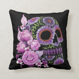 Pink Floral Black Sugar Skull Day Of The Dead Throw Pillow