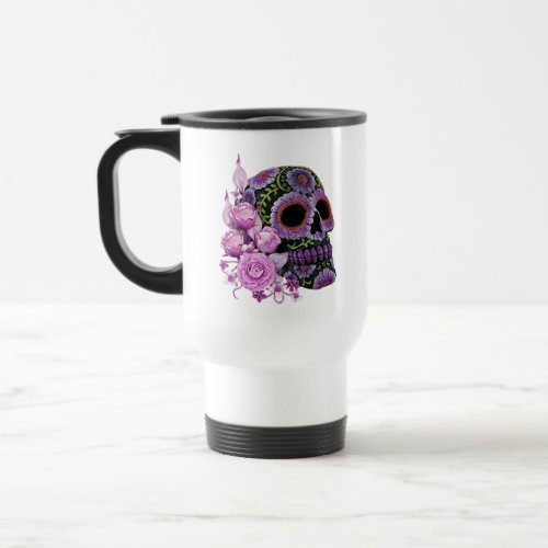Pink Floral Black Sugar Skull Day Of The Dead Travel Mug