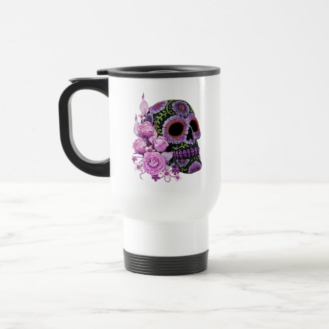 Pink Floral Black Sugar Skull Day Of The Dead Travel Mug (Left)