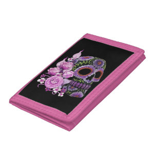 Pink Floral Black Sugar Skull Day Of The Dead Tri-fold Wallet