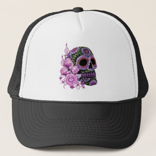 Pink Floral Black Sugar Skull Day Of The Dead Trucker Hat