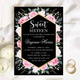 Pink Floral Black Sweet Sixteen 16 Birthday Invitation