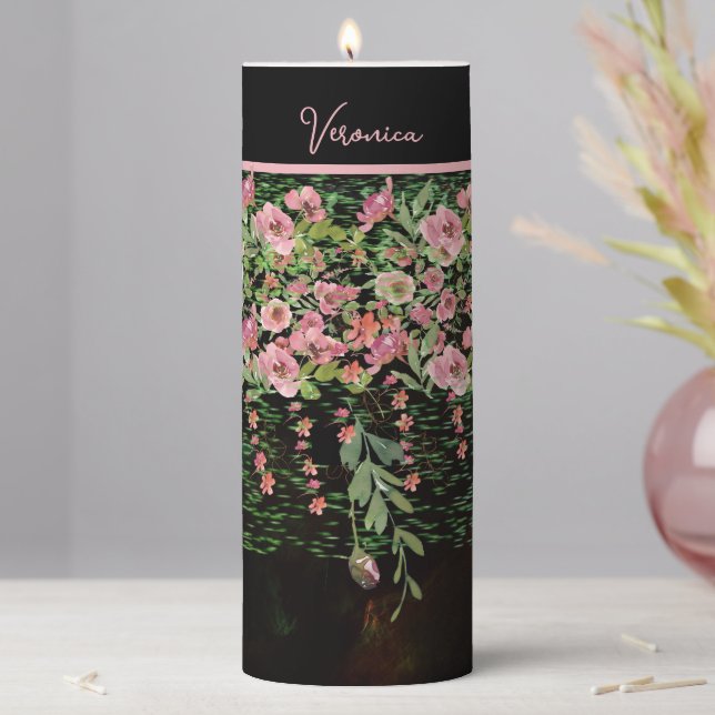 Pink Floral Black Tall Pillar Candle (In Situ)