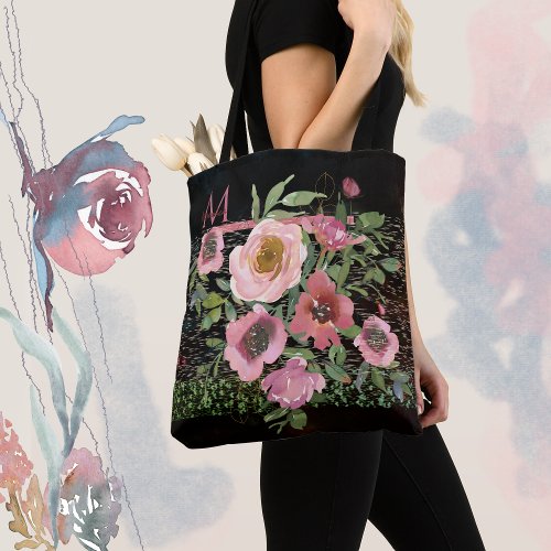 Pink Floral Black Tote Bag