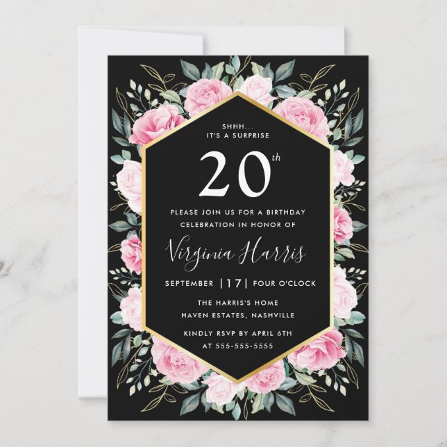 Pink Floral Black Twenty 20th Birthday Invitation (Front)