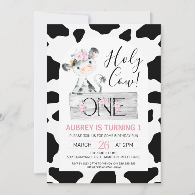 Pink Floral Black White Cow Print 1st Birthday Invitation (Front)