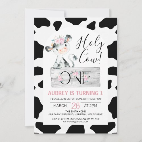 Pink Floral Black White Cow Print 1st Birthday Invitation