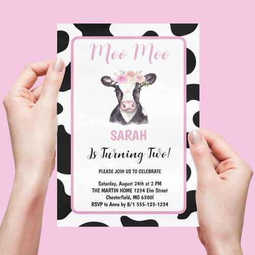 Pink Floral Black White Cow Print 2nd Birthday Invitation
