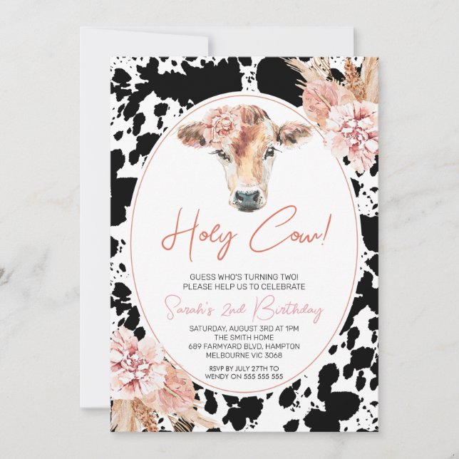 Pink Floral Black White Cow Print Birthday Invitation (Front)
