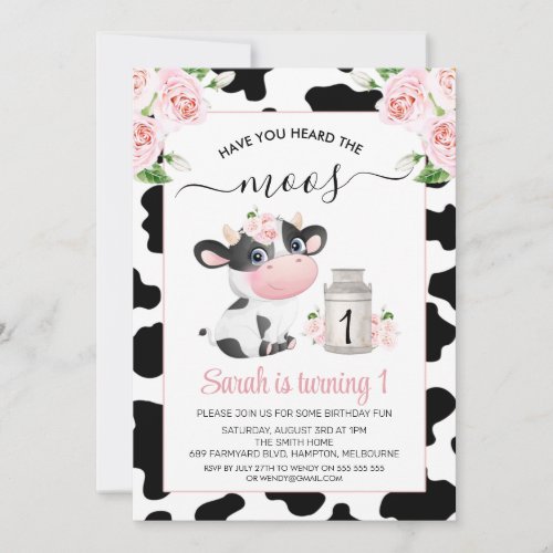 Pink Floral Black White Cow Print Birthday  Invitation