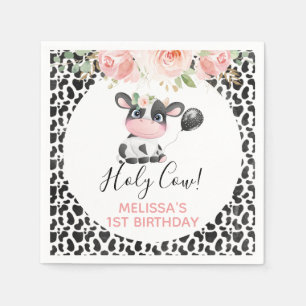 Pink Floral Black White Cow Print Birthday Party Napkins