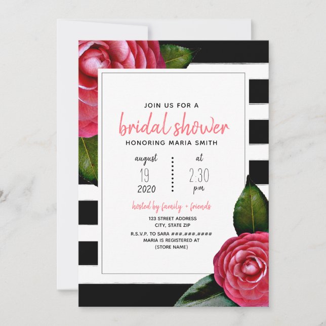 Pink  Floral Black + White Stripe Bridal Shower Invitation (Front)