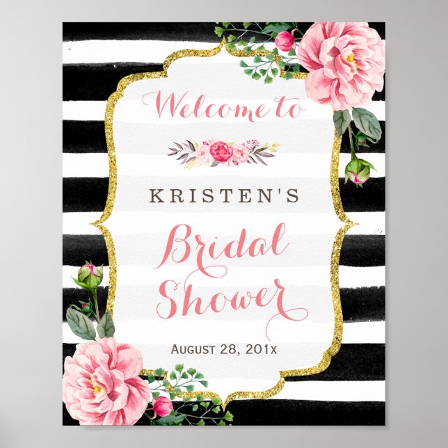 Pink Floral Black White Stripes Bridal Shower Sign (Front)