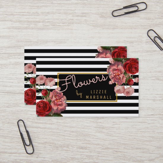 Pink Floral | Black White Stripes Flower Florist Business Card