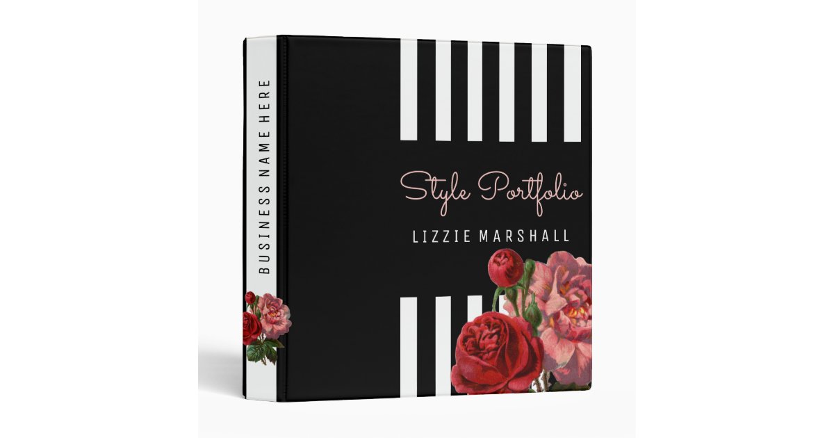 Pink Floral Black White Stripes Hair Stylist 3 Ring Binder