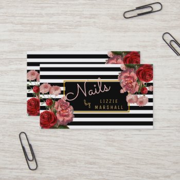 Pink Floral | Black White Stripes Nail Tech Business Card by hhbusiness at Zazzle