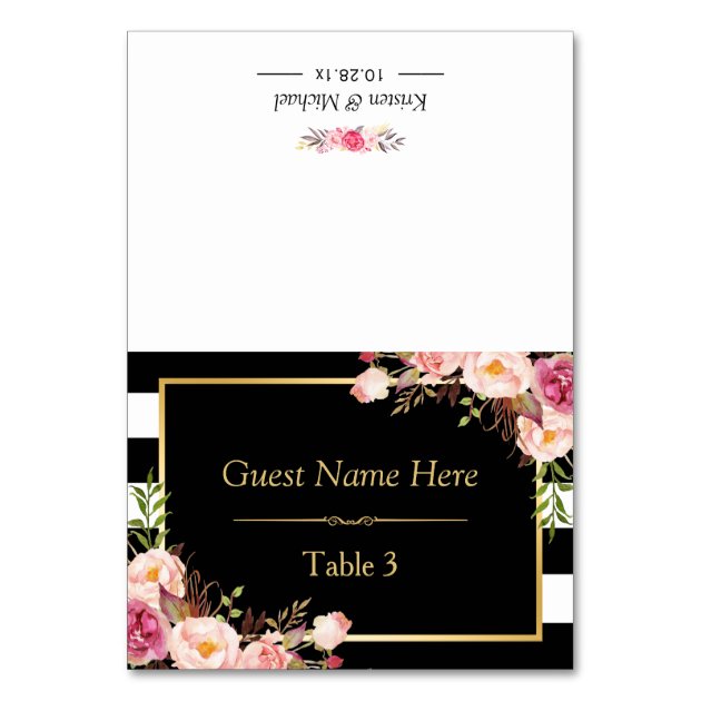 Pink Floral Black White Stripes Wedding Place Card