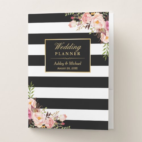 Pink Floral Black White Stripes Wedding Planner Pocket Folder