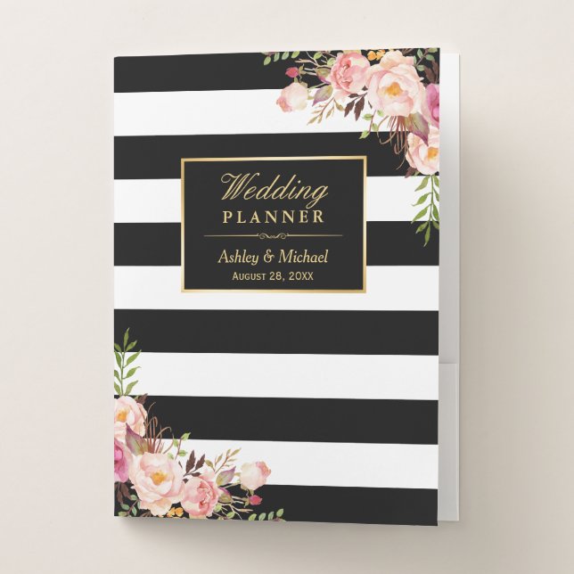 Pink Floral Black White Stripes Wedding Planner Pocket Folder (Front)