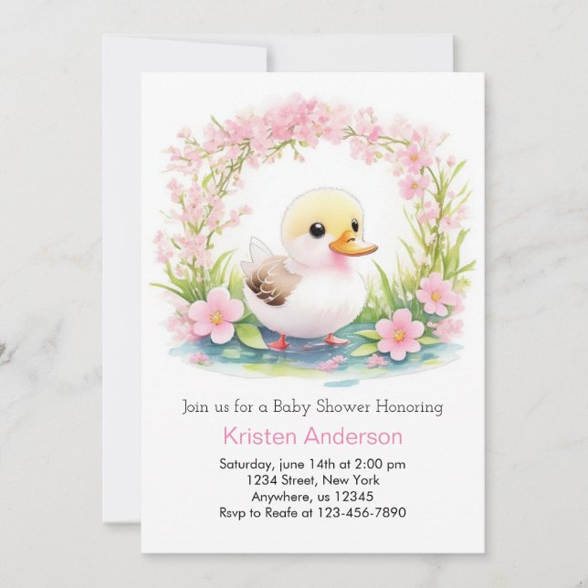 Pink Floral Blissful Duckling Girl Baby Shower Invitation (Front)