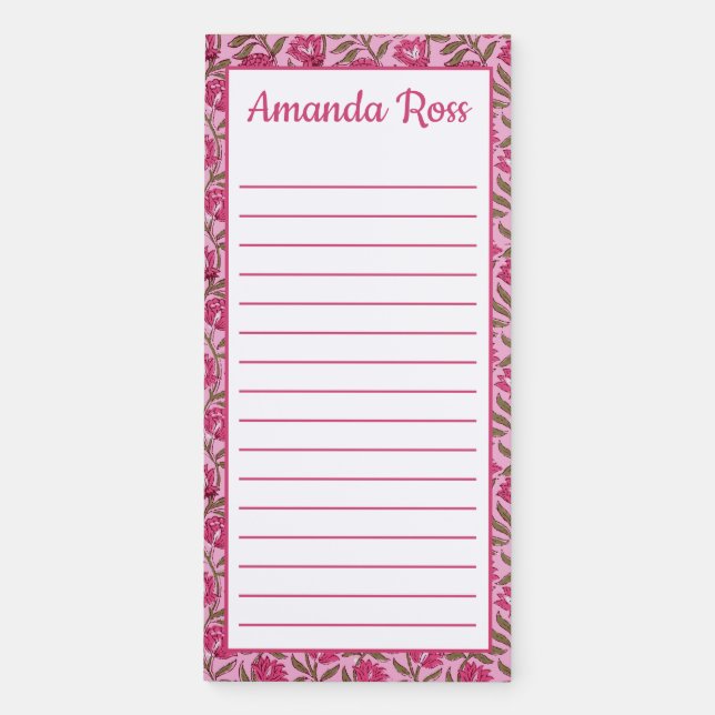 Pink Floral Block Print, Personalized  Magnetic Notepad (Front)