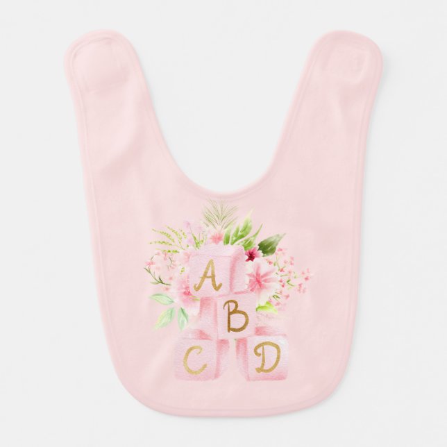 Pink Floral Blocks Alphabet Baby Bib (Front)