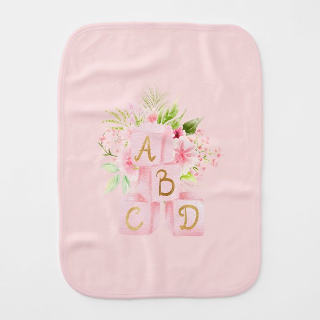 Pink Floral Blocks Alphabet Baby Burp Cloth (Front)