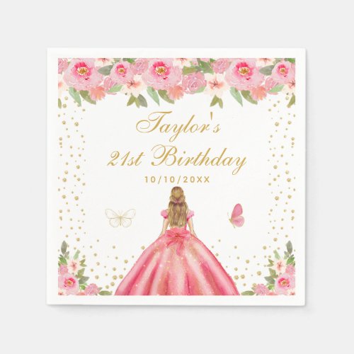 Pink Floral Blonde Hair Girl Birthday Party Napkins