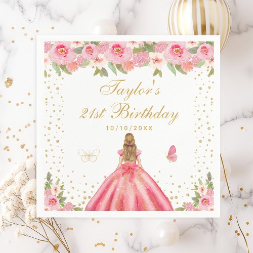 Pink Floral Blonde Hair Girl Birthday Party Napkins