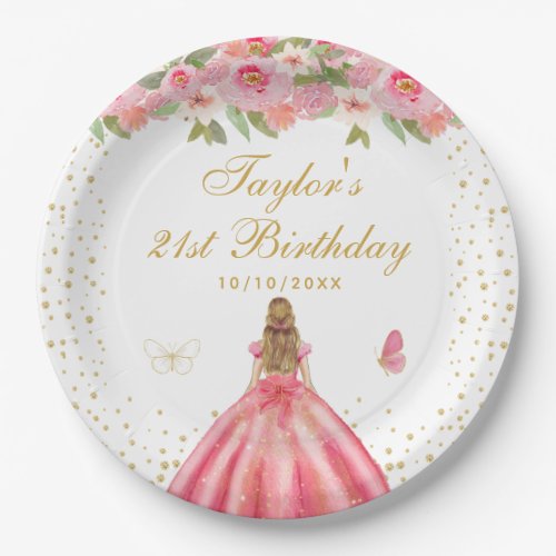 Pink Floral Blonde Hair Girl Birthday Party Paper Plates
