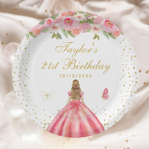 Pink Floral Blonde Hair Girl Birthday Party Paper Plates