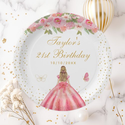 Pink Floral Blonde Hair Girl Birthday Party Paper Plates