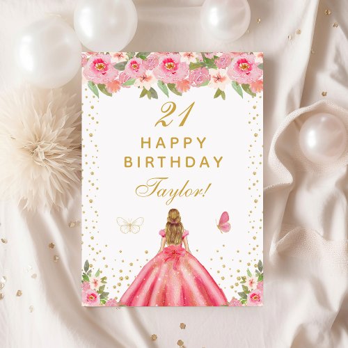 Pink Floral Blonde Hair Girl Happy Birthday Card
