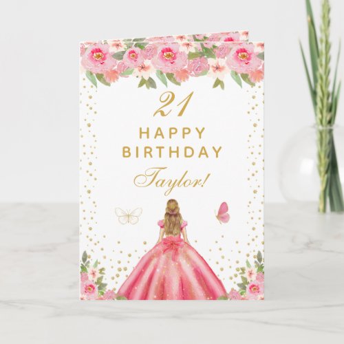 Pink Floral Blonde Hair Girl Happy Birthday Card