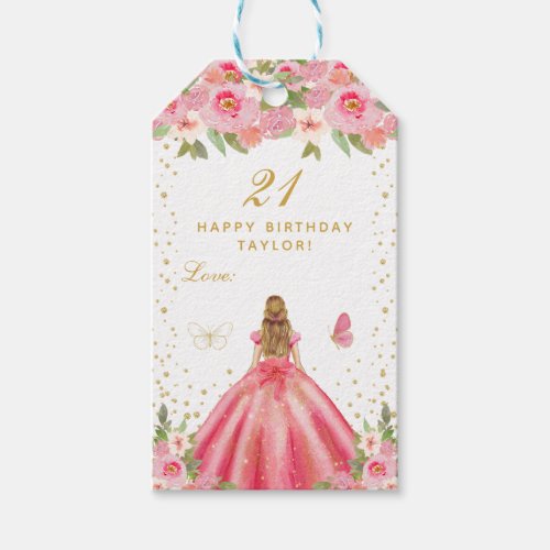 Pink Floral Blonde Hair Girl Happy Birthday Gift Tags