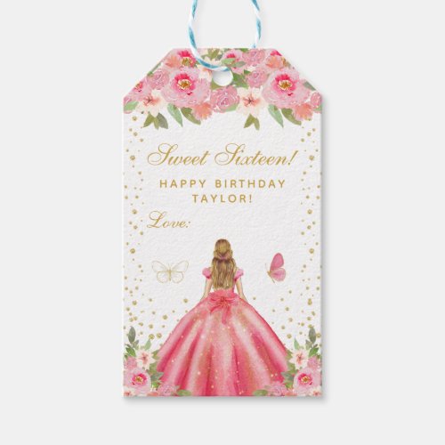 Pink Floral Blonde Hair Girl Sweet Sixteen Gift Tags