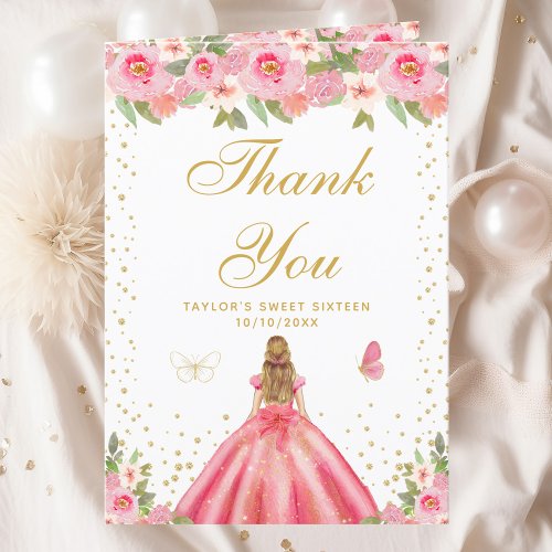 Pink Floral Blonde Hair Girl Sweet Sixteen Thank You Card