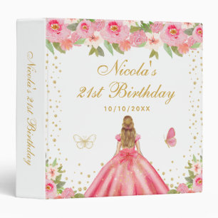 Pink Floral Blonde Hair Princess Birthday Party 3 Ring Binder