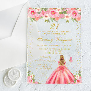 Pink Floral Blonde Hair Princess Birthday Party Acrylic Invitations