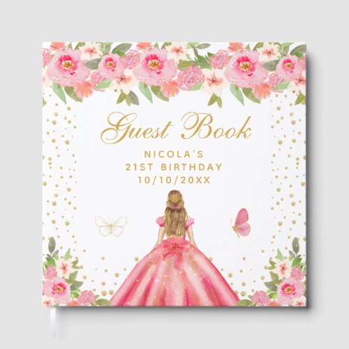 Pink Floral Blonde Hair Princess Birthday Party Guest Book