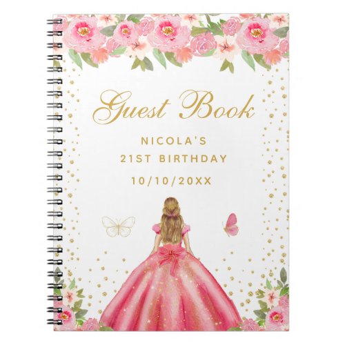 Pink Floral Blonde Hair Princess Birthday Party Notebook