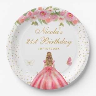 Pink Floral Blonde Hair Princess Birthday Party Paper Plates