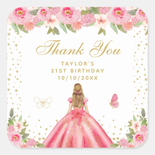 Pink Floral Blonde Hair Princess Birthday Party Square Sticker