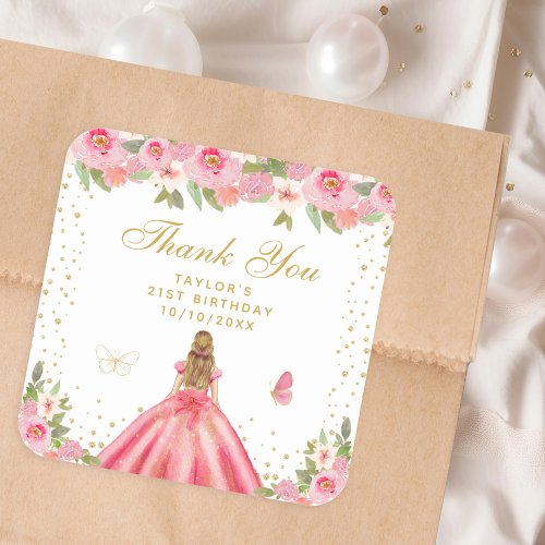 Pink Floral Blonde Hair Princess Birthday Party Square Sticker