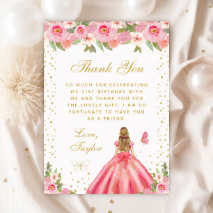 Pink Floral Blonde Hair Princess Birthday Party Thank You Card