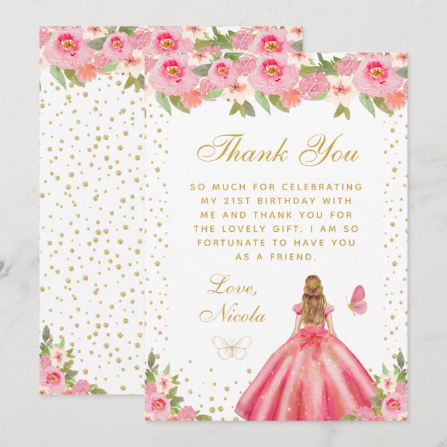 Pink Floral Blonde Hair Princess Birthday Party Thank You Card (Front/Back)