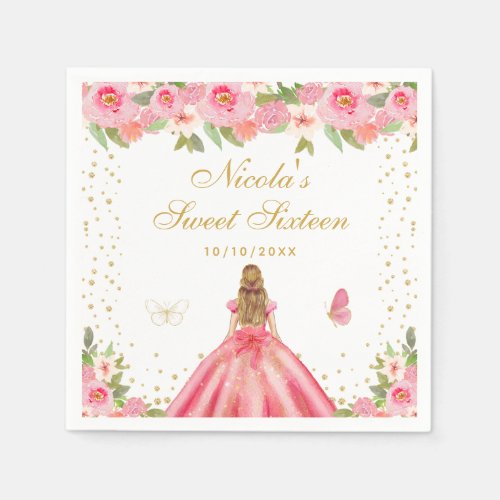 Pink Floral Blonde Hair Princess Sweet Sixteen Napkins